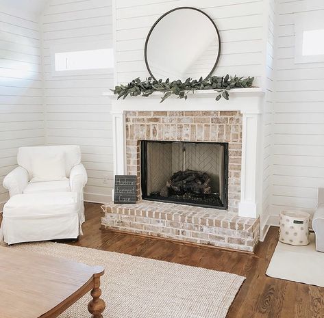 Propane Fireplace Indoor, Corner Fireplace Makeover, Shiplap Living Room, Whitewashed Brick, Cottage Fireplace, Fireplace Redo, Build A Fireplace, Brick Fireplace Makeover, Shiplap Fireplace