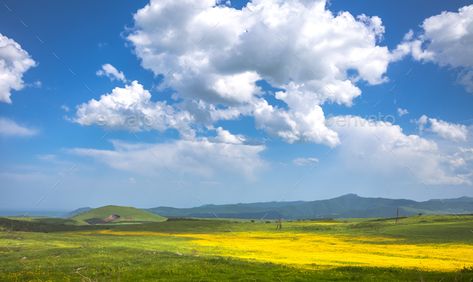 meadow, hills and blue sky by goinyk. Green meadow, hills and blue sky with clouds. Exploring Armenia Clouds Over Field, Blue Sky Landscape Photography, Cloud Pictures Sky, Blue Sky Background Landscape, Blue Sky And Flowers, Sky Landscape Photography, Nature And Sky, Landscape With Clouds, Blue Sky Landscape