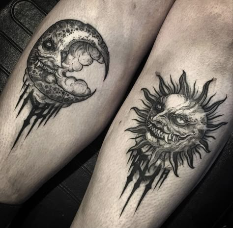 Creepy Sun And Moon Tattoo, Horror Couple Tattoos, Dark Sun Tattoo, Satanic Tattoos, Devil Tattoo, Scary Tattoos, Creepy Tattoos, Sun Tattoos, Moon Black