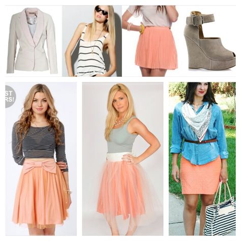 Outfits with a peach skirt. Peach Skirt Outfit, Outfit Color Combos, Peach Skirt, Skirt Outfit, Skirt Outfits, Playing Dress Up, Color Combos, Floral Skirt, Apricot