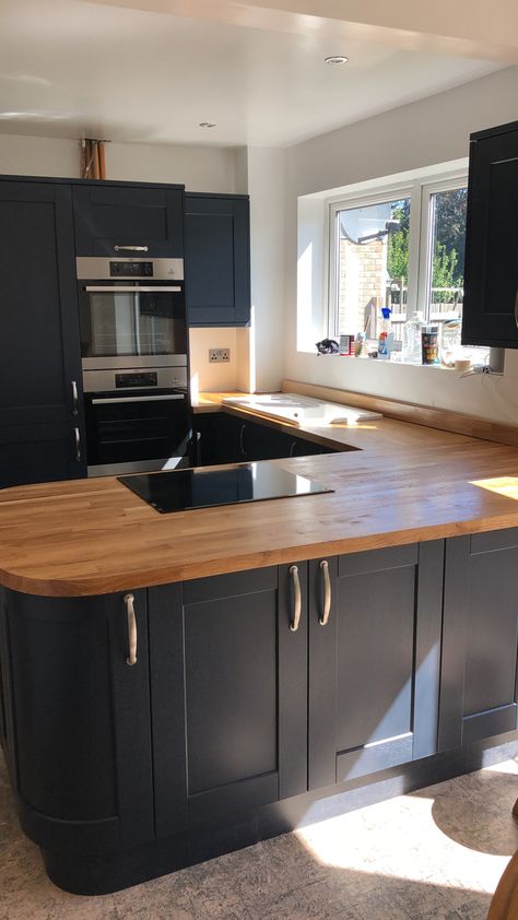 My own kitchen almost complete Dark Kitchen Wooden Worktop, Black Kitchen Wooden Worktop, Navy Kitchen Wooden Worktop, Blue Kitchen Wooden Worktop, Wood Worktop Kitchen, Black Gloss Kitchen, Navy Kitchen Cabinets, Howdens Kitchen, Wood Counters