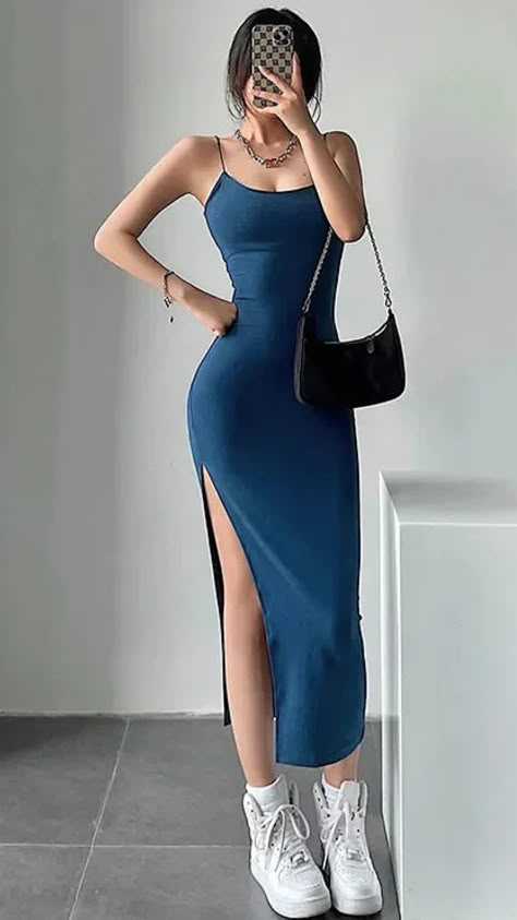 I'm so excited to share this stunning sleeveless dress. As soon as I saw it, I knew it had to be a part of my wardrobe. The flattering spaghetti straps and that high split is a perfect recipe for a head-turning look.   I can already imagine wearing this dress to a chic summer party or a night out.  What do you all think? Would you rock this sexy sleeveless dress?  #SummerDress #SexyStyle #ClubwearFashion #BodyconDress #SpaghettiStrapDress #FashionDreams #StyleInspo #OOTD #WomensFashion Slim Long Dress, Dress For Parties, Bodycon Outfits, Fashion Top Outfits, Summer Bodycon Dress, My Works, Pinterest Fashion, Basic Outfits, Look At You