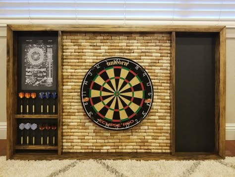 Cork Board Dart Board, Indoor Dart Board Wall, Dart Backboard Ideas, Dart Board Surround, Dart Board Backboard Diy, Darts Board Ideas, Dart Board Wall Diy, Dart Room Ideas, Outdoor Dart Board Ideas