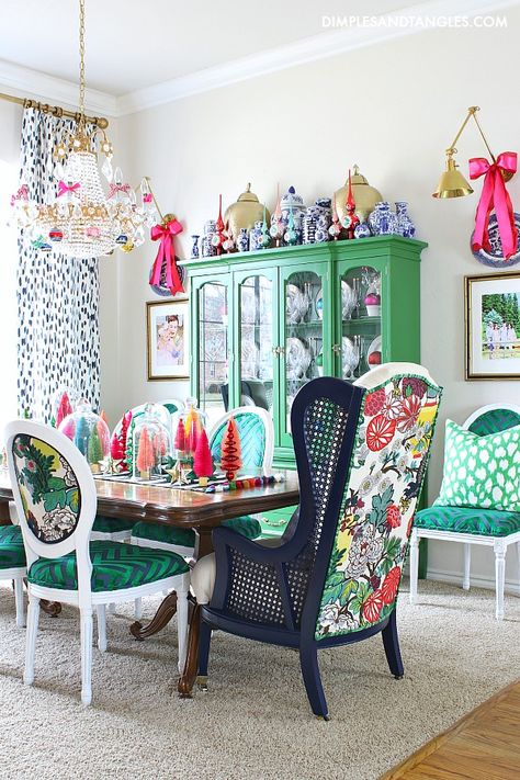 Dining Room Inspiration Eclectic, Mismatch Chairs Dining Table, Entry Dining Room Combo, Green China Cabinet, China Cabinet Makeover, Dimples And Tangles, Green China, Christmas Dining Room, Entry Decor