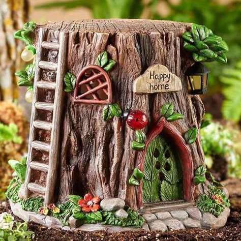 Fairy Stump, Solar Fairy House, Stump House, Fairy Garden Ideas, Clay Fairy House, Fairy House Diy, Fairy Furniture, Fairy Tree, Clay Fairies