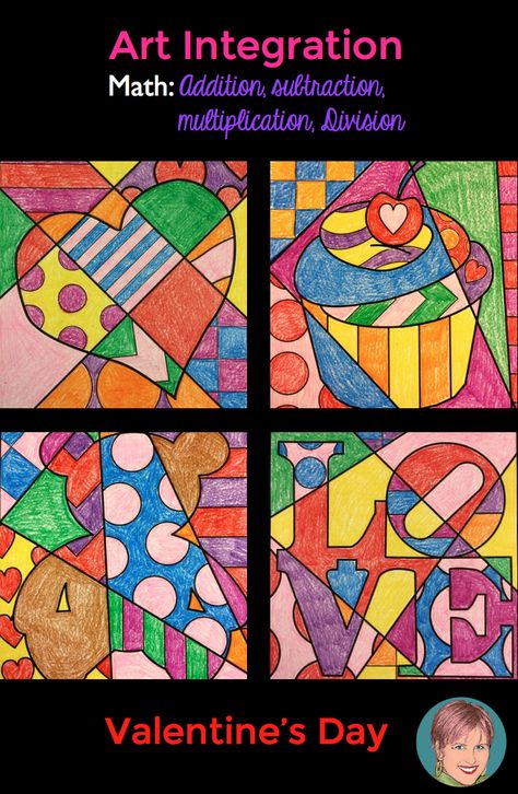 Integrate art and math together for the perfect review of math facts for your students. Addition, subtraction, multiplication and division all included in this Valentine's day math resource. Integrated Project Ideas, Art Integrated Project Ideas, Art Integrated Project, Integrate Art, Art With Jenny K, Art And Math, Valentines Day Art, Valentine Art Projects, Math Activities Elementary