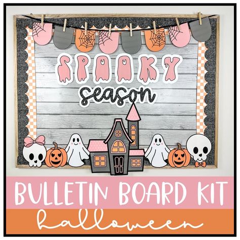 25+ Halloween Bulletin Board Ideas for School Work Room Bulletin Boards, Boho Halloween Bulletin Board, Pastel Halloween Bulletin Board, Class Information Bulletin Board, Spooky Season Bulletin Board, Spooky Classroom Decorations, October Teacher Bulletin Board, Pastel Classroom Bulletin Boards, Bulletin Board Ideas October