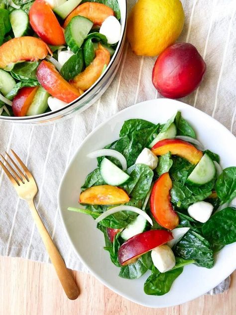 Disclosure: This post may contain affiliate links.This Nectarine Spinach Salad is a lovely blend of spinach, nectarines, mozzarella, and homemade vinaigrette. It would make the perfect addition to your summertime barbecue!Find this recipe and more on my blog HERE: Chicken Salad Cucumber Bites, Nectarine Salad, Homemade Vinaigrette, Bbq Side Dishes Recipes, Greek Chicken Salad, Spinach Salad Recipes, Cucumber Bites, Vinaigrette Salad, Light Meals