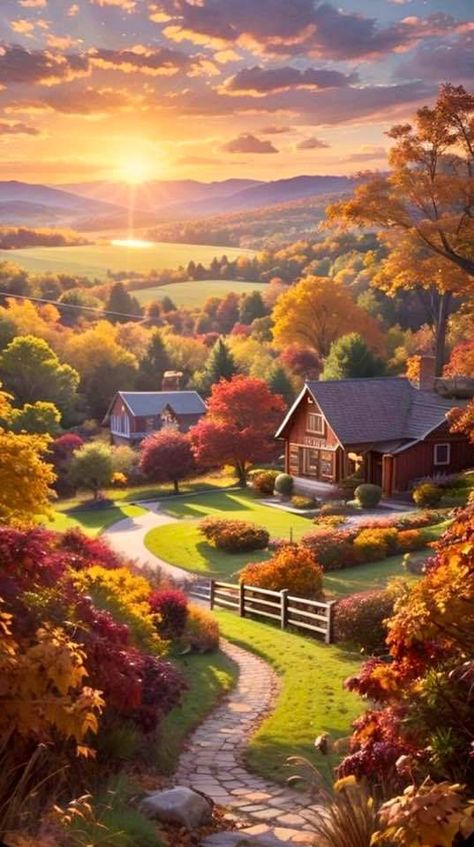 Autumn Scenery Painting, Beautiful Autumn Scenery, Landscape With House, Thomas Kinkade Paintings, Rural Photography, Wallpaper Autumn, House Wallpaper, Mountain Scenery, Scenery Paintings