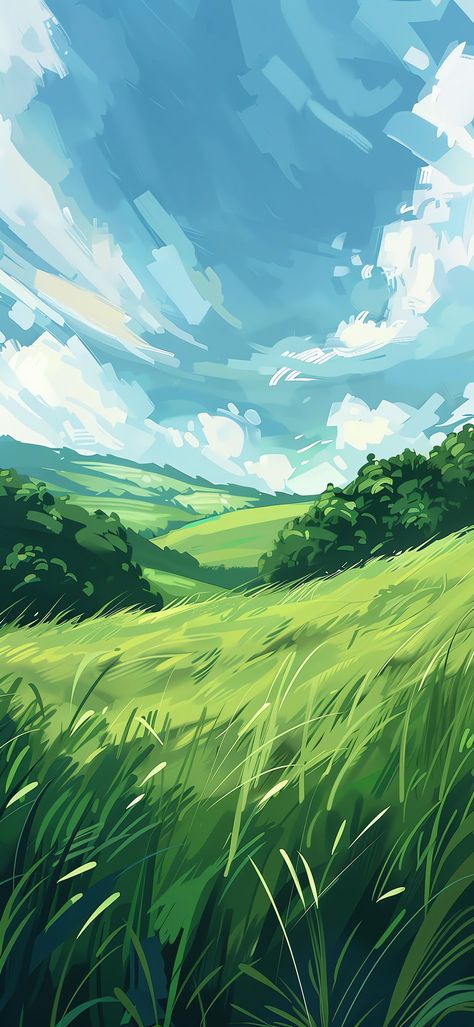 Grass Vector Illustrations, Blue And Green Wallpaper Iphone, Sky And Grass Background, Soothing Scenery, Landscape Phone Wallpaper, Iphone Wallpaper High Quality, Grass Illustration, Vector Landscape, Watercolor Scenery