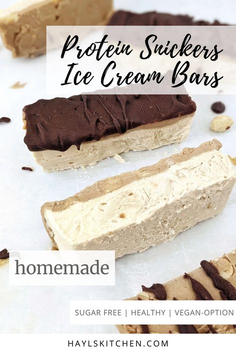 Peanut Butter Chocolate Chip Frozen Yogurt Bars, Protein Ice Cream Bars, Snickers Ice Cream Bars, Yogurt And Protein Powder, Protein Snickers, Greek Yogurt Ice Cream, Ice Cream Bar Recipe, Homemade Protein Powder, Greek Yogurt And Peanut Butter