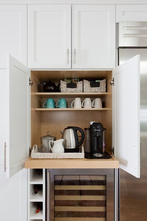 Modern Farmhouse; Built-in Kitchen Slide-out Coffee Bar in a Cabinet Hidden Coffee Bar, Coffee Bar Built In, Built In Coffee Bar, Kitchen Coffee Bar Ideas, Kitchen Built Ins, Kitchen Coffee Bar, Coffee Cabinet, Coffee Station Kitchen, Coffee Bar Ideas