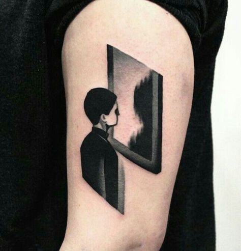 Reflection Tattoo Mirror, Looking In The Mirror Tattoo, Man In The Mirror Tattoo, Introspective Tattoo, Mirror Tattoo Reflection, Black Box Tattoo, Self Reflection Tattoo, Black Mirror Tattoo, Depth Tattoo