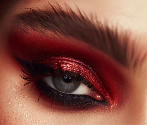 Deep Red Eye Makeup, Bold Red Eye Makeup, Simple Red And Black Makeup, Red And Black Halloween Makeup, Black And Red Makeup Looks, Red And Black Eye Makeup, Red And Black Makeup, Heavy Eye Makeup, Black Halloween Makeup