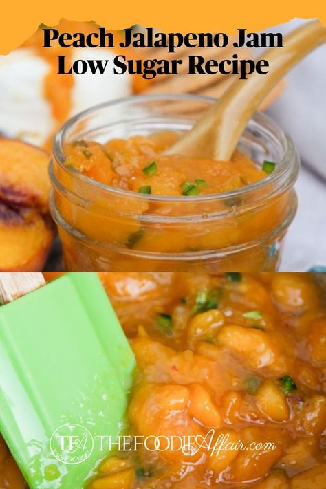 peach jam with diced jalapenos in mason jar and served as an appetizer with cream cheese. Jalapeno Peach Jam Recipe, Peach Pepper Jelly Recipe, Peach Pepper Jelly, Jalapeno Jam Recipe, Peach Jalapeno Jam, Fruit Jam Recipes, Low Sugar Jam, Pepper Jelly Recipes, Peach Jam Recipe