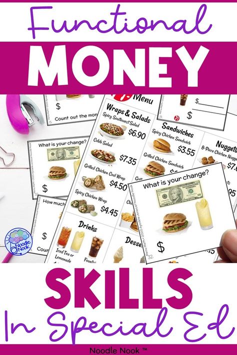 Learn more on the best way to teach money and also how you teaching money skills to students with disabilities. Functional Money Skills in Special Education Special Needs Activities Adults, Sped Life Skills, Adaptive Skills Special Education, Life Skills Curriculum Special Education, High School Life Skills Classroom, Life Skills Activities For Special Needs, Community Skills Special Education, Special Education Money Activities, Life Skills Elementary Special Education