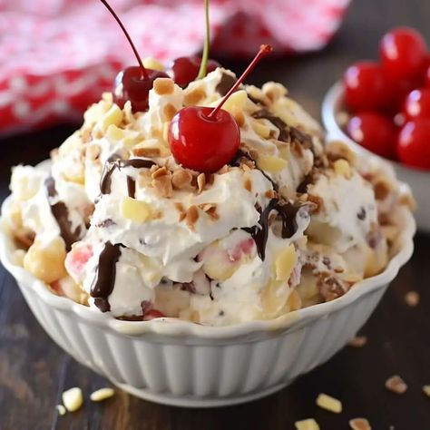 Banana Split Fluff Salad - Life with Susan Banana Split Fluff Salad Recipes, Banana Split Salad, Banana Split Fluff Salad, Banana Split Fluff, Sliced Baked Potatoes, Easy Vanilla Frosting, Cranberry Loaf, Perfect Whipped Cream, Tiramisu Recipes