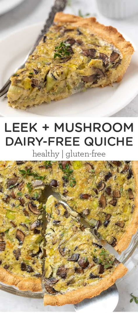 This is the BEST Dairy-Free Quiche recipe ever! This easy recipe uses just a few ingredients, is great for meal prep, tastes amazing, and is the ultimate healthy breakfast or dinner. This recipe is made with eggs, mushrooms, leek, almond milk, nutritional yeast and served in a grain-free almond flour crust. Vegetarian, gluten-free, grain-free and so easy to make. Dairy Free Quiche, Dairy Free Quiche Recipes, Leek Mushroom, Gluten Free Quiche, Savoury Pie, Almond Flour Crust, Vegetarian Quiche, Muffins For Breakfast, Leek Recipes