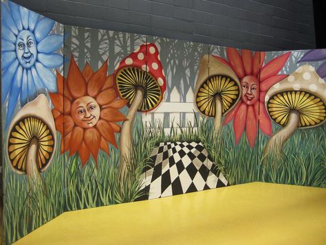 Alice in Wonderland stage set. | Just finished the Alice in … | Flickr Alice In Wonderland Mural, Baby Room Murals, Diy Alice In Wonderland, Alice In Wonderland Play, Alice In Wonderland Props, Alice In Wonderland Garden, Room Murals, Theatre Backdrops, Daycare Decor