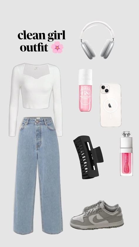 clean girl outfit 🫧🌸💐 Clean Girl Dti Outfits, Outfit Ideas For 13, Clothes For 13 Yrs Old Girl, Clean Girl Outfits For School, Clean Outfits, Clean Girl Outfit, Middle School Outfits, Summer School Outfits, Black Jeans Outfit