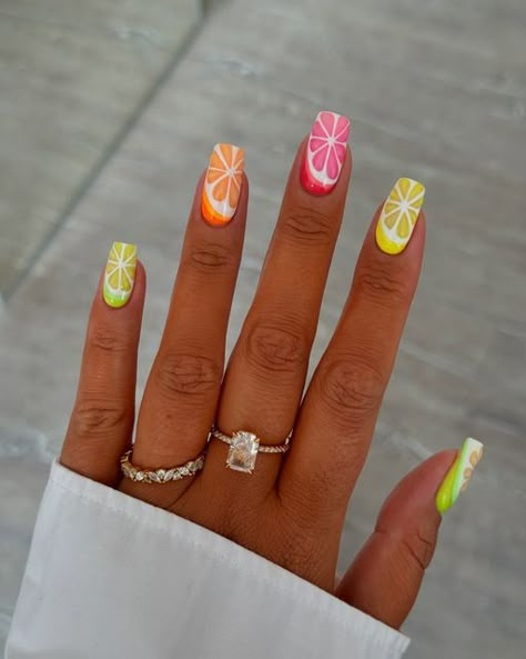 Charlotte Herberts on Instagram: "Citrus 🍋🍊🍋‍🟩  Which is your favourite nail? Lime, Orange, Grapefruit or lemon?   These are literally my fave nails I’ve ever created I just love them!   Inspired by @gelsbybry   @glossifyofficial  @the_gelbottle_inc  @nails_luxeofficial  @lucypastorellitools_  @nafprofessionals  @thepromiseringco   #fruitnails #orangenails #lemonnails #limenails #grapefruitnails #summernails #colourfulnails #nailart #3dnails #nailsnailsnails #nailsofinstagram #greennails #yellownails #longnails #squarenails" Summer Nails Citrus, Grapefruit Nail Art, Lime Fruit Nails, Orange Citrus Nails, Margarita Nails Design, Citrus Nail Art, Lime Nails Design, Lemon Lime Nails, Orange Slice Nails