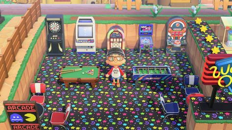 Animal Crossing Arcade Floor, Animal Crossing Classroom Ideas, Animal Crossing Arcade Ideas, Arcade Animal Crossing, Acnh Arcade Outside, Acnh Arcade, Boardwalk Theme, Kidcore Island, Ac Ideas