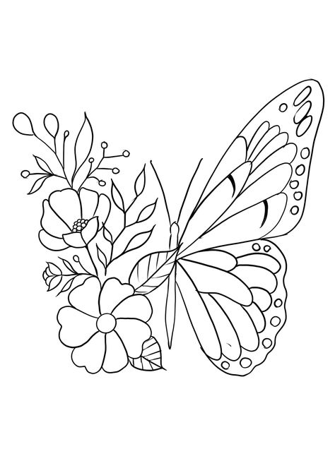 Self Love Tattoo Stencil Design, Embroidery Patterns Butterfly, Flower Butterfly Drawing, Butterfly With Flowers, Butterfly Line Art, Embroidered Canvas Art, Embroidery Hoop Art Diy, Hand Embroidery Patterns Free, Pola Sulam