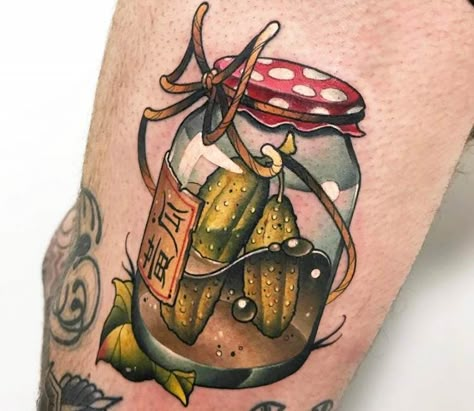 Cucumbers in a bottle tattoo by Grecha Tattoo Mason Jar Tattoo, Jar Tattoo, Food Tattoos, Bottle Tattoo, Tattoo Magazine, Rat Bike, Tatuaje A Color, Tattoo Girl, Large Tattoos