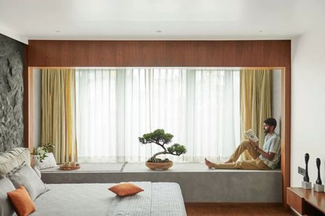 Full Wall Window, Bedroom With Bay Window, Bay Window Bedroom, Window Seating, Bed Makeover, Window Seat Design, Partition Walls, Budget Interior Design, Indian Home Interior