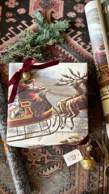 Santa Wrapping Paper, Santa Wrapping, Christmas Present Wrap, Jenny Steffens Hobick, Burgundy Ribbon, Xmas Gift Wrap, Elegant Gift Wrapping, Gift Wrapping Inspiration, Christmas Decor Inspiration