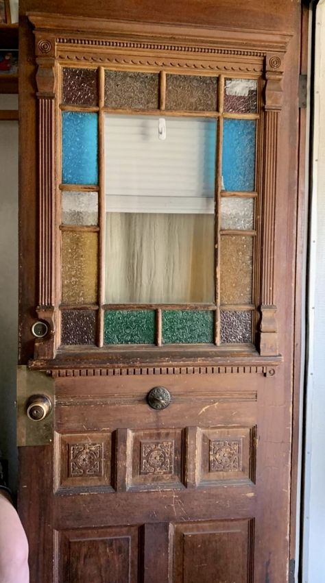 Large Glass Doors Entrance, 1960 Front Door, Interesting Front Doors, Hexagon Door Design, Vintage Wood Doors, Door With Stained Glass Panel, Front Door With Stained Glass Window, Stained Glass French Doors, Stained Glass Doors Entrance