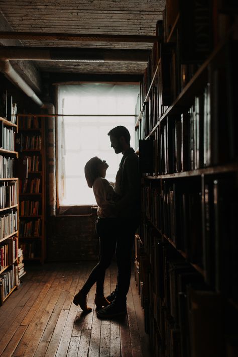 Couple In Library Aesthetic, Dark Academia Couple, Library Photo Shoot, Library Aesthetic, Detroit Wedding, Dark Academia Aesthetic, Academia Aesthetic, Couple Shoot, Couple Aesthetic