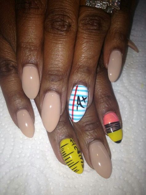 School Themed Nails, Back To School Nails For Teachers, Teacher Nails Designs, African Nail Art, Back To School Nail Designs, Teacher Nail Art, Pedi Colors, Dainty Nails, Brown Hands