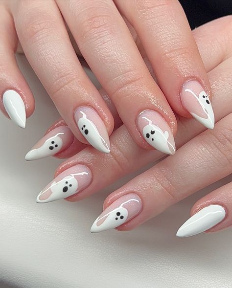 Cute Spirit ghost Halloween Nails 👻✨ #winterparknails #orlandonails #maitlandnails #orlandonailtech #ghostnails #halloween2024 #fallnails2024 #halloweennails #instanails #nailsofinstagram #fyp #fypchallenge #fypシ #fyppage Ghosts Nail Designs, Soft Gothic Nails, Ghost Fall Nails, Nail Ghost Design, Little Ghost Nails, Ghost Tip Nails, Halloween Nails Ghost Design, White Halloween Nail Designs, White Spooky Nails