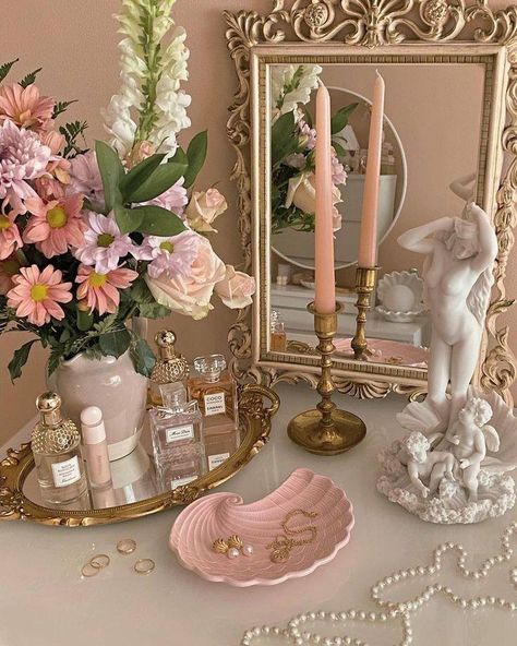 Girly Vanity Aesthetic, Vanity Table Decor Ideas, Vanity Decor Aesthetic, Modern Aphrodite Aesthetic, Vintage Romantic Aesthetic, Aphrodite Alter, Ancient Mural, White Picket Fence Ideas, Picket Fence Ideas