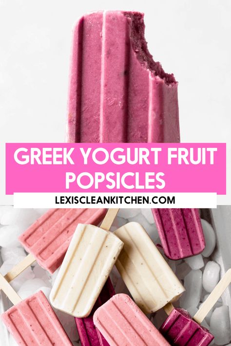 Yogurt Fruit Popsicles, Popcicles Recipes, Greek Yogurt Popsicles, Protein Popsicles, Yogurt Popsicle Recipes, Popsicles Recipes, Frozen Yogurt Popsicles, Kitchen Website, Healthy Popsicle Recipes