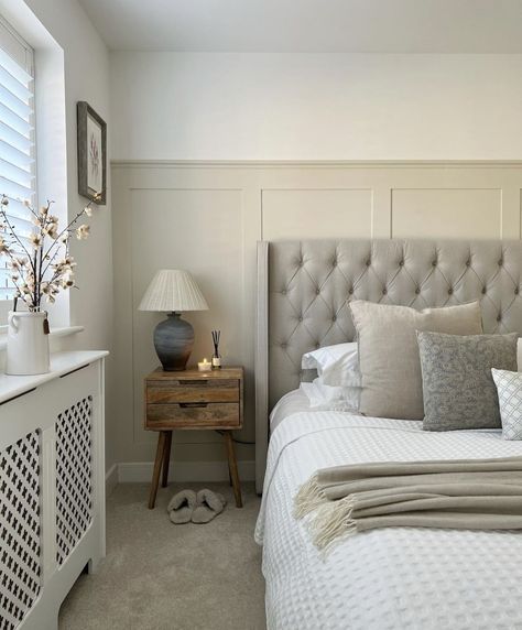 Bedroom Ideas With Panelling, Neptune Bedroom Ideas, Navy Bedroom Panelling, Bedroom Inspirations 2024, Panelled Bedroom Ideas, Bedroom Panneling Ideas, Grey And Neutral Bedroom, Uk Bedroom Ideas, Half Panelled Walls Bedroom