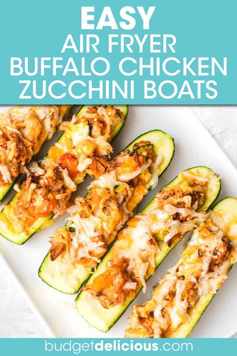 Chicken Stuffed Zucchini Boats, Chicken Stuffed Zucchini, Buffalo Chicken Zucchini Boats, Buffalo Chicken Zucchini, Zucchini Boats Recipe, Air Fryer Buffalo Chicken, Quick Chicken Breast Recipes, Zucchini Boat Recipes, Chicken Veggies