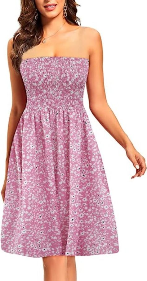 Zyyfly Strapless Dress for Women Summer Beach Smocked Sundress Tube Top Dress - Pink-floral Smocked Skirt, Swim Cover Up Dress, Tube Top Dress, Bohemian Floral, Tube Dress, Cover Up Dress, Dress For Women, Summer Dresses For Women, Top Dress