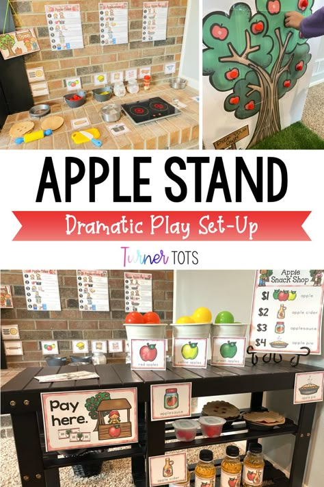 Preschool Pie Shop Dramatic Play, Pie Making Dramatic Play, Apple Pie Dramatic Play, Apple Dramatic Play, Kindergarten Apples, Turner Tots, Dramatic Play Ideas, Apple Stand, Education Assistant