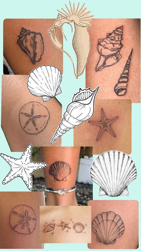 Ocean Stick And Poke, Tide Pool Tattoo, Tattoos In Frames, Matching Shell Tattoos, Little Ocean Tattoos, Beach Matching Tattoos, Tsitp Tattoo, Sea Shell Tattoos For Women, Seafood Tattoo