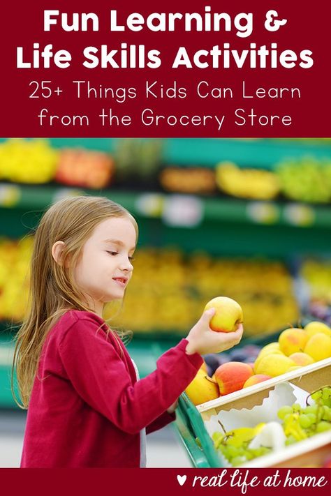 Fun grocery store learning activities and opportunities for kids while shopping at the grocery store, as well as things you can do at home to further your grocery store learning. Excellent for real world learning and life skills training for children. Kids Grocery Store, Fun Learning Activities, Mom Things, Grocery Savings, Food Activities, Life Skills Activities, Parenting Inspiration, Life Learning, Educational Activities For Kids