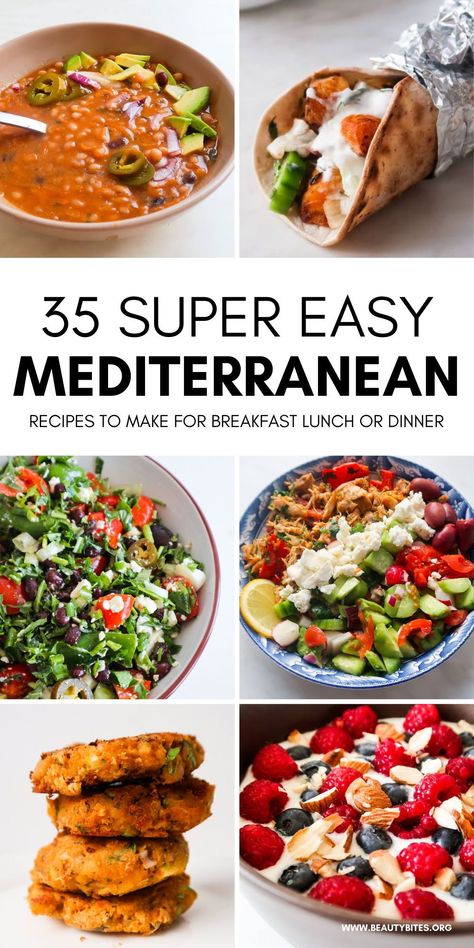 Anyone can make these quick and easy Mediterranean recipes, the collection includes fresh, flavorful and healthy simple Mediterranean breakfast ideas, appetizers, soups and salads as well as fast dinners. Fast Mediterranean Diet Recipes, Low Cholesterol Mediterranean Recipes, Mediterranean Diet Recipes Lunch Low Carb, Mediterranean Diet Taco Recipes, Quick And Easy Mediterranean Dinner Recipes, Mediterrian Diet Breakfast, Mediterranean Dinner Recipes Healthy, Easy Mediterranean Lunch Recipes, Summer Mediterranean Diet Recipes