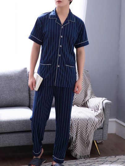 Men Striped Button Up Pajama Set -SheIn(Sheinside) Korean Pajamas Men, Pajama Set For Men, Pajamas Aesthetic Boy, Rh Photoshoot, Night Dress For Men, Boys Night Dress, Men Pajamas Fashion, Night Dress For Man, Male Pajamas