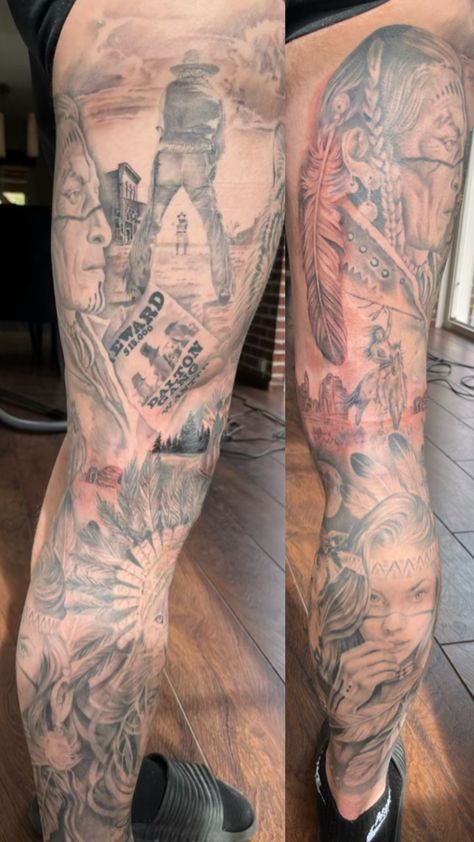 #cowboy #indiantattoo #sleeve #tattoo Cowboys And Indians Tattoo, Indian Tattoo Sleeve, Cowboy And Indian Tattoo, Tattoo Leg Sleeve, Cowboy And Indian, Cowboy Tattoos, Tattoo Leg, Indian Tattoo, Cowboys And Indians