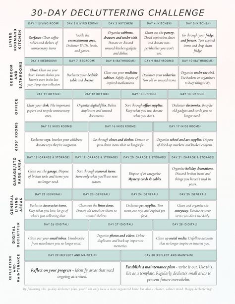 Get your free printable guide and start decluttering your home today! This 30-day challenge will help you clear the clutter, create more space, and live a more organized Home Organization Plan, Downsizing Your Home Simple Living, Home Declutter Checklist, How To Start Decluttering Your House, Declutter Journal, Declutter Checklist Printables Free, House Declutter Plan, How To Reset Your Life, 30 Day Cleaning Challenge