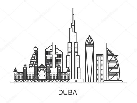 Dubai City Drawing, Dubai Drawing Sketch, Burj Khalifa Drawing, Dubai Drawing, Dubai Map, Dubai Buildings, Quotes Doodles, Simple Animation, Travel Doodles