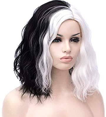 Black And White Wig, White Wig, Side Parting, Cruella Deville, Wavy Bob Hairstyles, Wavy Bob, Long Curly Wig, Halloween Wigs, Wavy Curly Hair