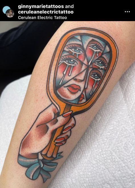 Old School Mirror Tattoo, Compact Mirror Tattoo, Traditional Mirror Tattoo, Illusion Tattoo, School Reference, Mirror Tattoo, Trad Tattoos, Mirror Tattoos, Optical Illusion Tattoos