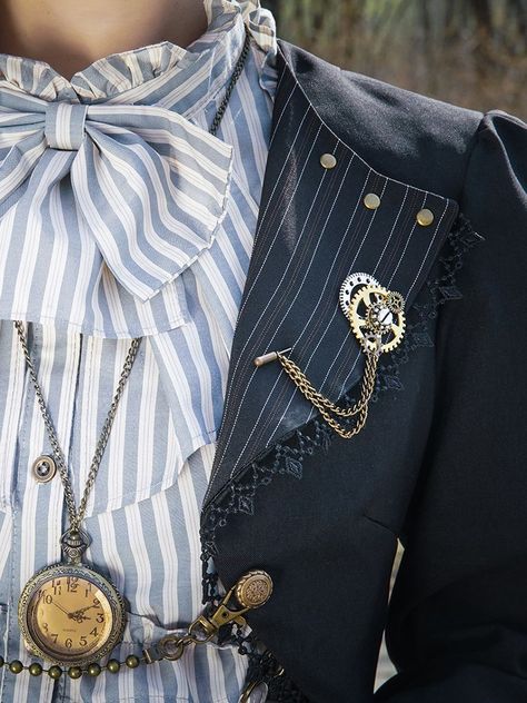 Steampunk Gear with Chain Brooch Twst Uniform, Average Outfits, Steampunk Buttons, Clock Outfit, Victorian Steampunk Aesthetic, Steampunk Suit, Steampunk Coat, Chain Brooch, Jacket Designs